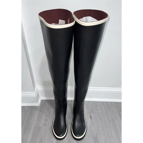 Chanel 22K Black White Caoutchouc CC Logo Thigh High Pull On Rubber Rain Boot 40 - Picture 5 of 12